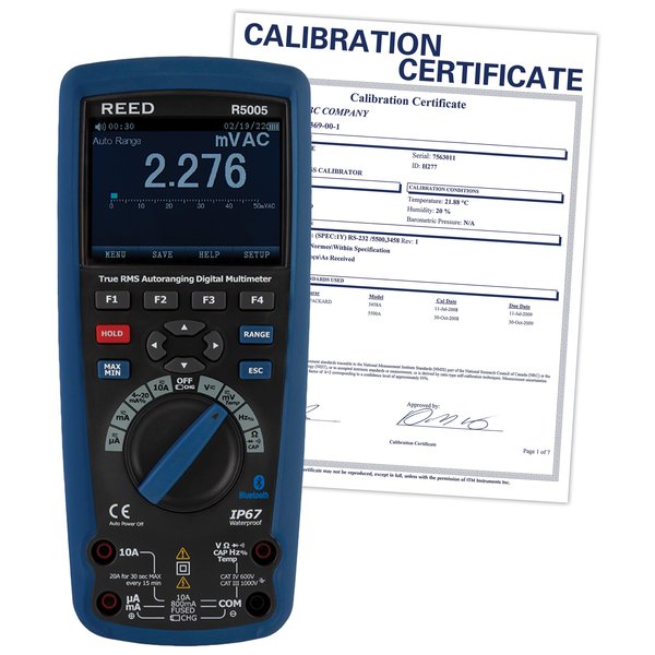 Reed Instruments True RMS Bluetooth/Waterproof Industrial Multimeter and NIST Calibration Certificate R5005-NIST